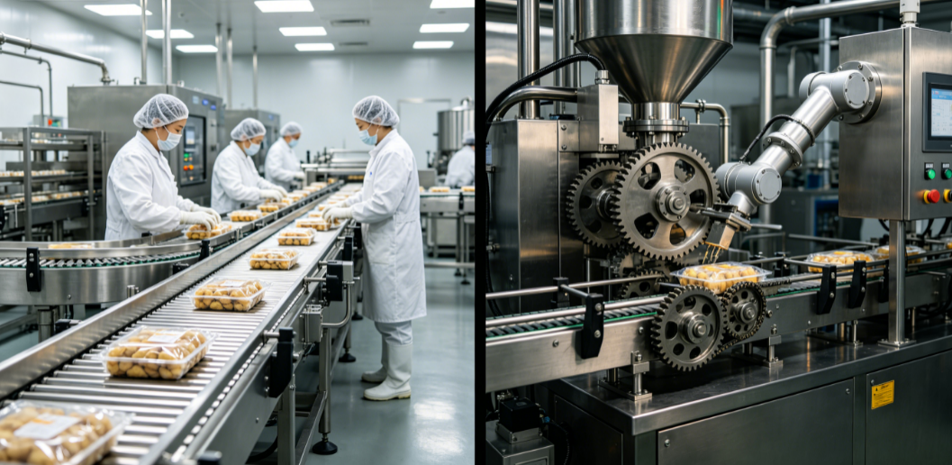 A split image showing a clean food processing line and an industrial machine