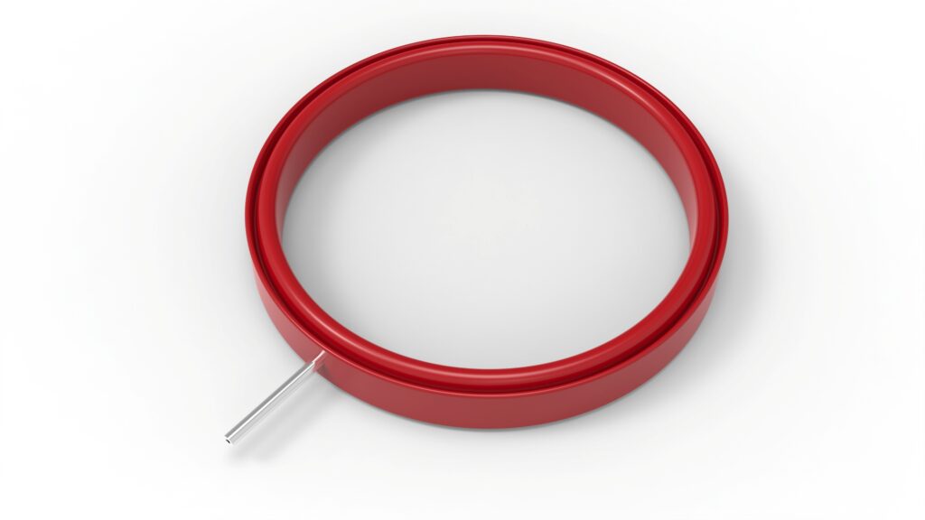 Close‑up metal air nozzle on red inflatable silicone seal