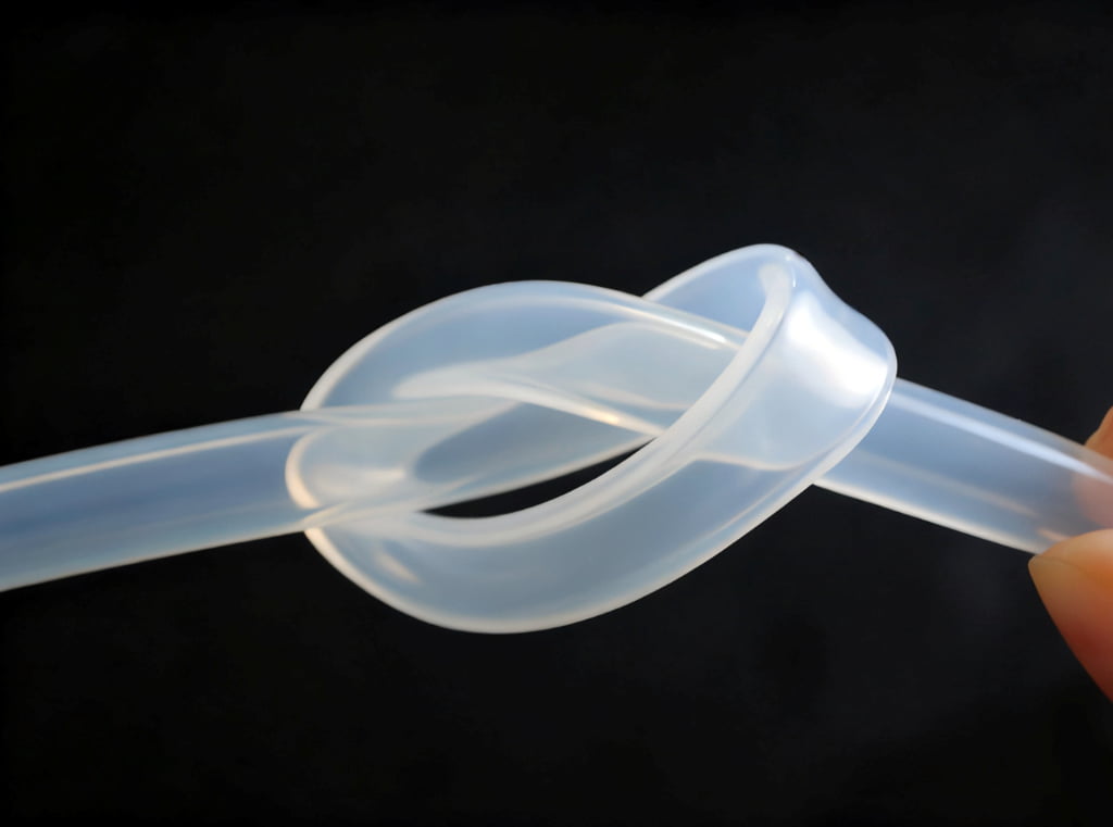 Clear silicone tube knotted for flexibility test