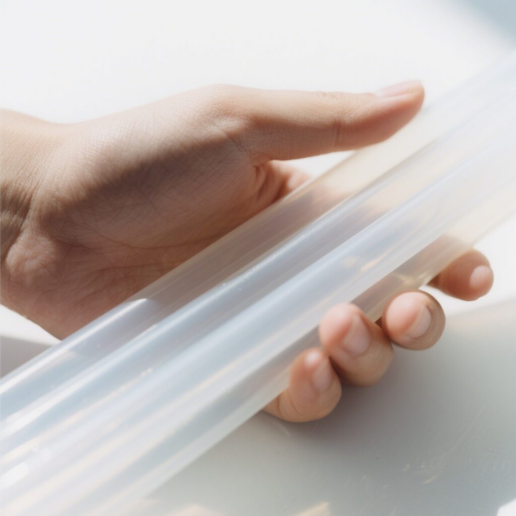 Hand bending clear silicone tube to show elasticity